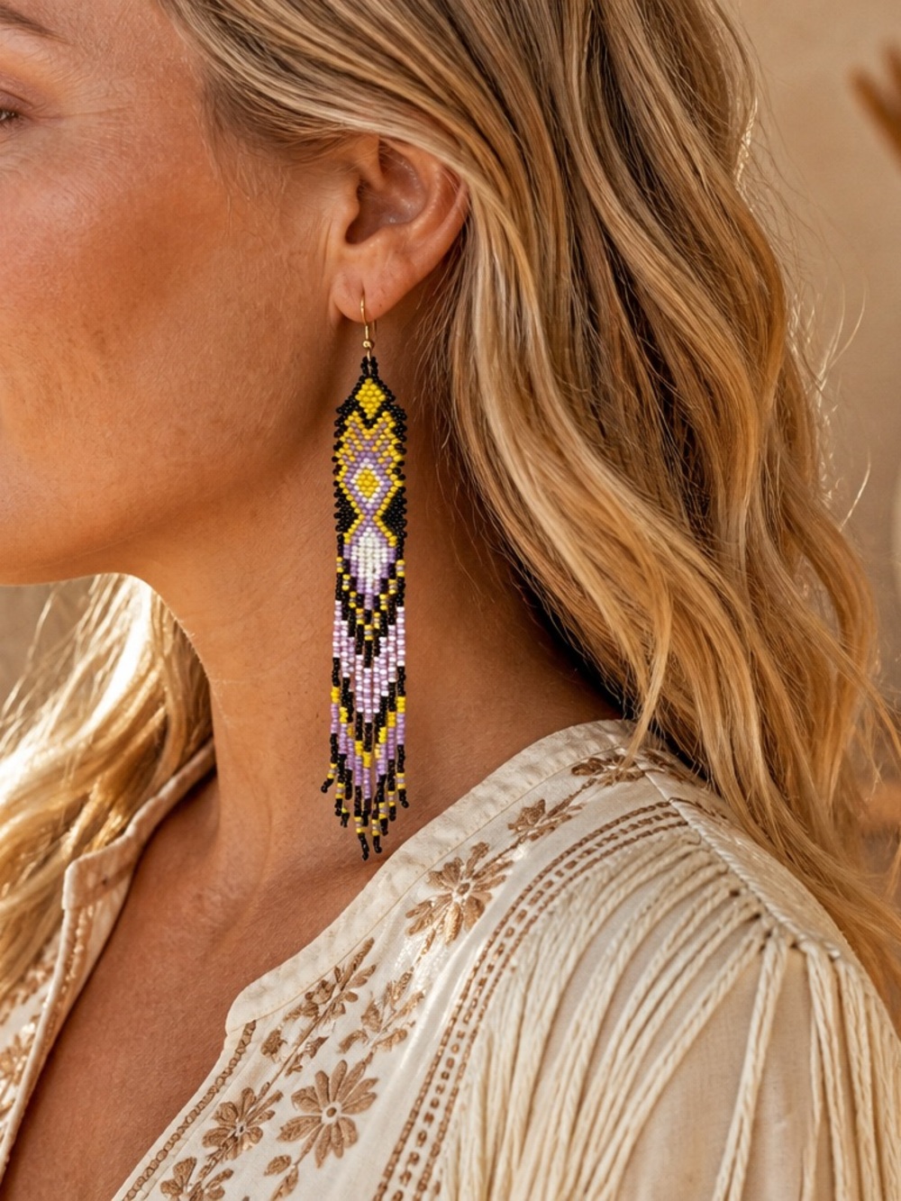 Western Beaded Long Earrings Purple Yellow Beaded boho jewelry gift tassel  New